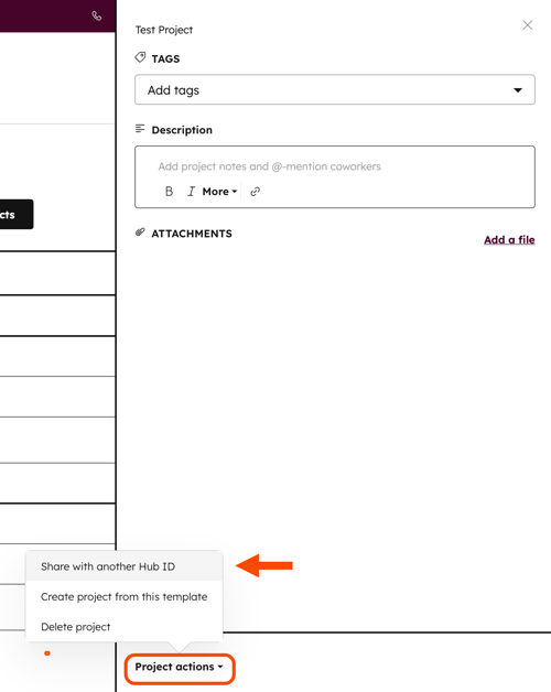 Nos detalhes do projeto, clique no menu de ações do projeto e selecione Compartilhar com outro ID de Hub.