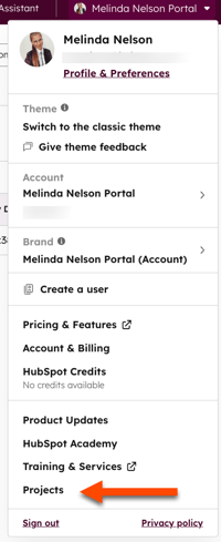Menu with dropdown that includes Projects.