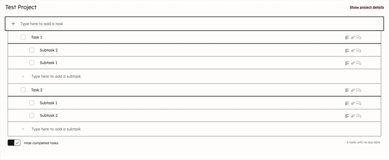 GIF animado mostrando que você pode clicar e arrastar e soltar tarefas e subtarefas.