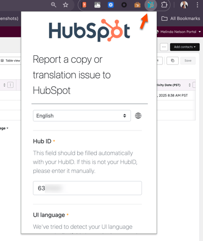 The HubSpot Copy &amp; Translation Bug Reporting
 extension in use on a HubSpot page.