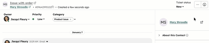 Conversations inbox is displayed. The user clicks ticket status in the upper right, then changes the status to closed.