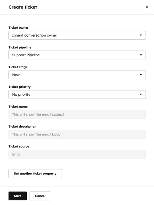 Inbox ticket settings, displaying ticket properties, such as ticket pipeline, ticket stage, ticket priority, ticket name, and more.