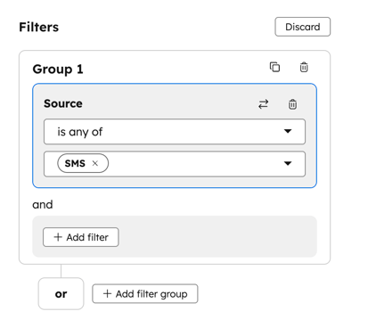 Screenshot of the filters for an SMS view. Source is any of SMS is selected.