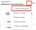 A menu is open in the conversations inbox. "close conversation" is highlighted with an orange border. Move to trash, block sender, mark as spam are also present.