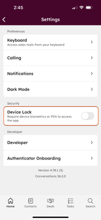 Página de configuración que incluye el bloqueo del dispositivo que se puede activar.