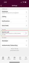 Settings page that includes the Device Lock that can be toggled on.