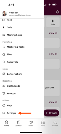 Mise en évidence du menu mobile Paramètres, qui peut être tapé.