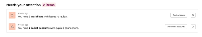 List of items in HubSpot that need attention
