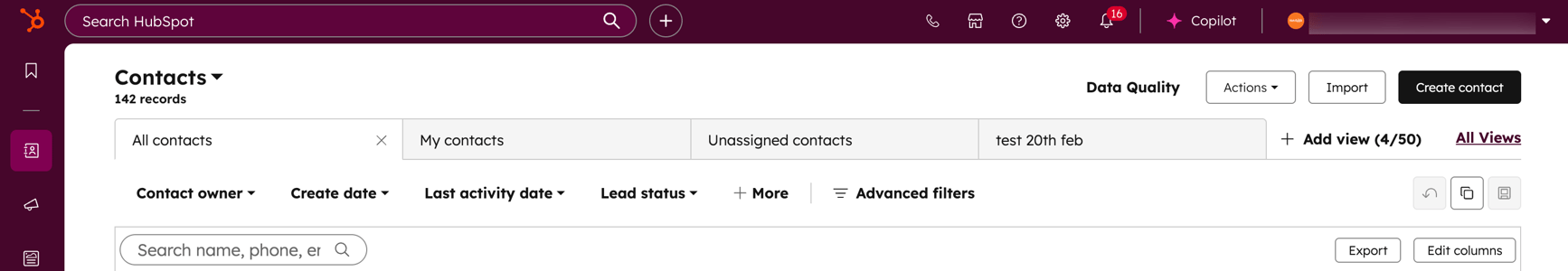 screenshot showing the top navigation bar in HubSpot.