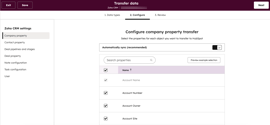 screenshot showing the Configure page where you can select the properties you want to transfer to HubSpot via Smart Transfer.