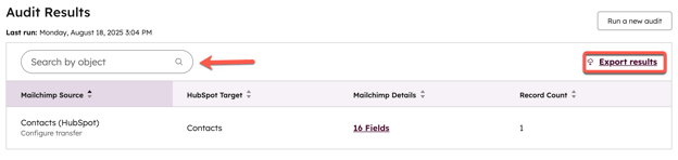screenshot showing the Export results button in Smart Transfer. 