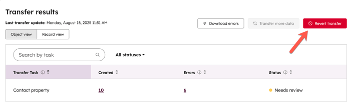 screenshot showing the Revert transfer button.