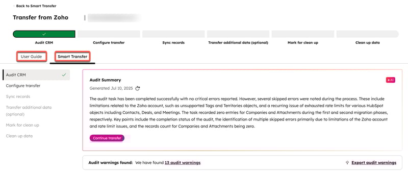 screenshot showing the User Guide and Smart Transfer tabs in HubSpot.
