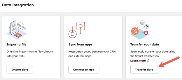 screenshot showing the Transfer data button in HubSpot