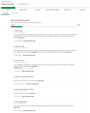 screenshot showing the list of tasks under the User Guide tab for Smart Transfer.