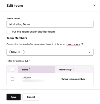 Team settings, displaying the options to add a team name and add users to the team.