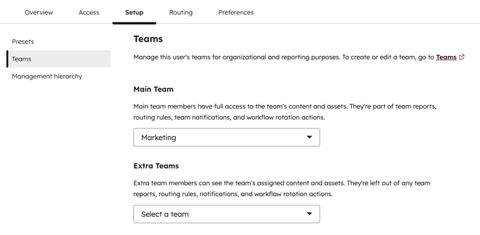 User settings, showing the option to manage a user's main team and extra teams.