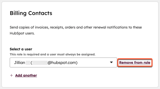 Account and billing settings, showing the option to remove a user from the billing contact role.