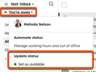A screenshot showing the You're away dropdown menu.