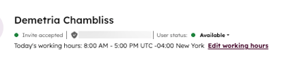 A screenshot showing a user's status and working hours.