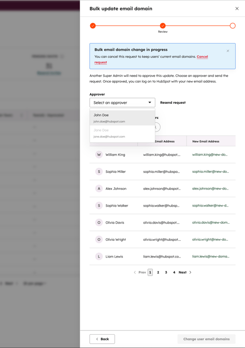HubSpot Bulk update email domain dialog showing a request in progress, with an approval banner and a dropdown to select another Super Admin approver.