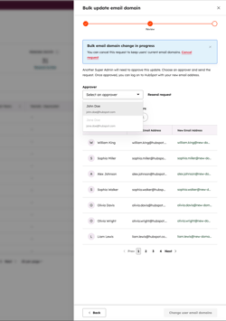 HubSpot Bulk update email domain dialog showing a request in progress, with an approval banner and a dropdown to select another Super Admin approver.