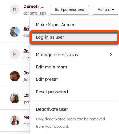 A screenshot showing the Actions dropdown and the Log in as another user button.