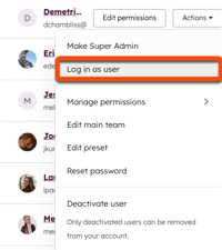 A screenshot showing the Actions dropdown and the Log in as another user button.