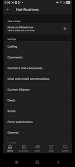 Notifications page within the HubSpot mobile app shows a list of each type of notification.