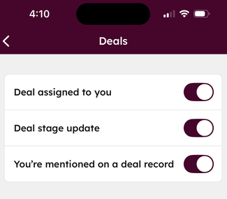 Turn on deal notifications in the HubSpot mobile app to get alerts when deals are assigned, updated, or when you’re mentioned on a deal record.