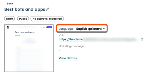 Die Seite mit den Performance-Details wird für eine Seite angezeigt. Um das Dropdown-Menü Sprache herum befindet sich ein Kästchen.