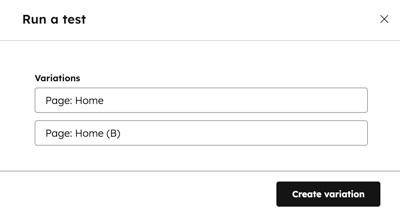 After clicking the test icon in the content editor, a dialog box is displayed. Two variations text input fields are shown and a create variation button.