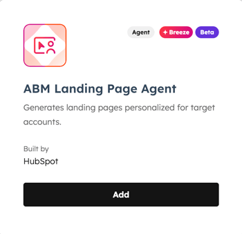 The Breeze Marketplace page for the ABM Landing page agent is displayed with a brief description and an Add button.