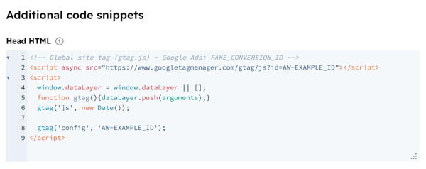 In the content editor, advanced settings are displayed. An example Google site tag snippet is added to the Head HTML.