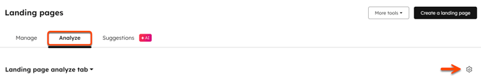 On the landing page index, the Analyze tab is selected. Below the tabs a Landing page analyze tab dropdown menu is displayed. On the top right, an arrow points to the Add and manage dashboard icon.