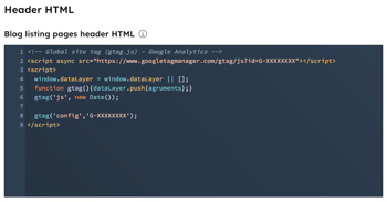 In settings for blog, on the templates tab, the Blog listing pages header HTML section is displayed with an example Global site tag.