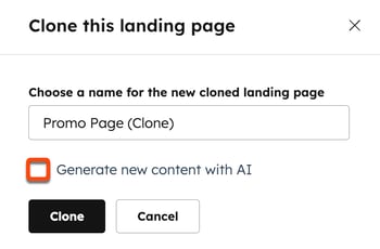 The landing page index is displayed with a dialog box for cloning a landing page. A box is around the Generate new content with AI checkbox, indicating it can be clicked.