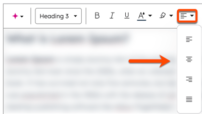In the content editor, the rich text module toolbar is visible. A box is placed around the 'Alignment' dropdown menu to display font alignment options. An arrow points to the alignment options.