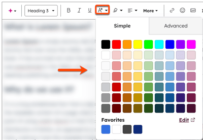 In the content editor, the rich text module toolbar is visible. A box is placed around the 'Font color' dropdown menu to display font color options. In the color options, an arrow points to colors on the Simple tab.