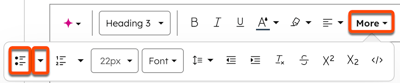 In the content editor, the rich text module toolbar is visible. A box is placed around the 'More' dropdown menu to display additional formatting options. In the additional formatting options, a box is placed around the bulleted list icon and the bulleted list dropdown menu.