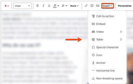 In the content editor, the rich text module toolbar is visible. A box is placed around the 'Insert' dropdown menu to display options. An arrow points to the insert options, including call-to-action, embed, video, table, and more.