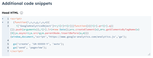 In the content editor, advanced settings are displayed for the Head HTML that contains an example script for Google Analytics.