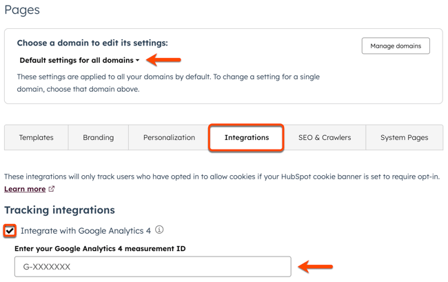 In settings for pages, an arrow points to the Choose a domain to edit the settings dropdown menu. A box is placed around the Integrations tab. On the integrations tab, a box is placed around the Integrate with Google Analytics 4 checkbox and an arrow is pointing to the measurement ID field.