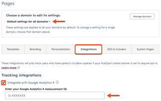 In settings for pages, an arrow points to the Choose a domain to edit the settings dropdown menu. A box is placed around the Integrations tab. On the integrations tab, a box is placed around the Integrate with Google Analytics 4 checkbox and an arrow is pointing to the measurement ID field.