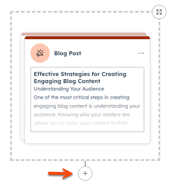 The content remix page is displayed with an example Blog post as the starting content. Below the starting content an arrow points to the Add icon.
