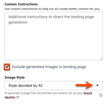 The content remix page is displayed with the left side panel open and showing the page attributes. The custom instructions field is visible. A box is placed around the Include generated images in landing pages checkbox. An arrow points to the Image style dropdown menu.