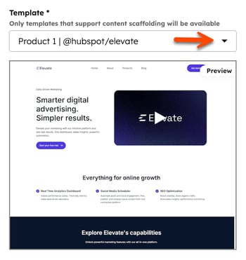 The content remix page is displayed with the left side panel open and showing the page attributes. An arrow points to the Template dropdown menu where a template can be selected for pages.
