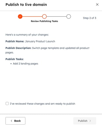 In the content staging tool, the Publish tab is displayed. The Publish to live domain button has been clicked and a dialog box is open. After the publishing job details have been provided review the Publish Tasks.