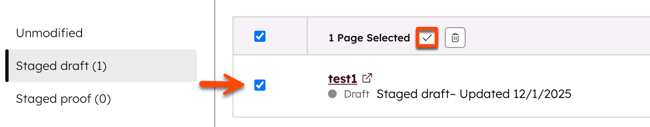 In the content staging tool, the Staged draft left menu item is selected. In the table, an arrow points to a checkbox next to a page. At the top of the table a box is placed around a checkmark icon to publish the draft to the staging domain.