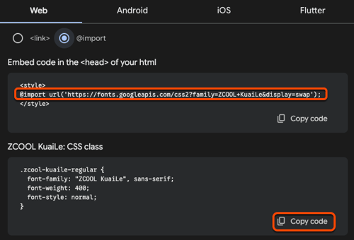 On the Google Fonts page, the Web tab is displayed for embedding a Google Font. A box is placed around the embed code and the Copy code button for the CSS class.